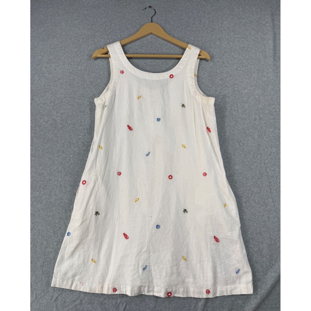 C&C California Small Linen Blend Shift Dress Coastal Embroidered Shells White